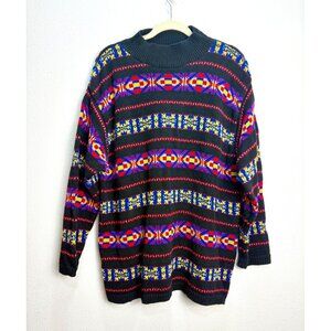 Liz Claiborne Liz&Co Bright Petite L Sweater Black Multicolor Geometric‎ Striped
